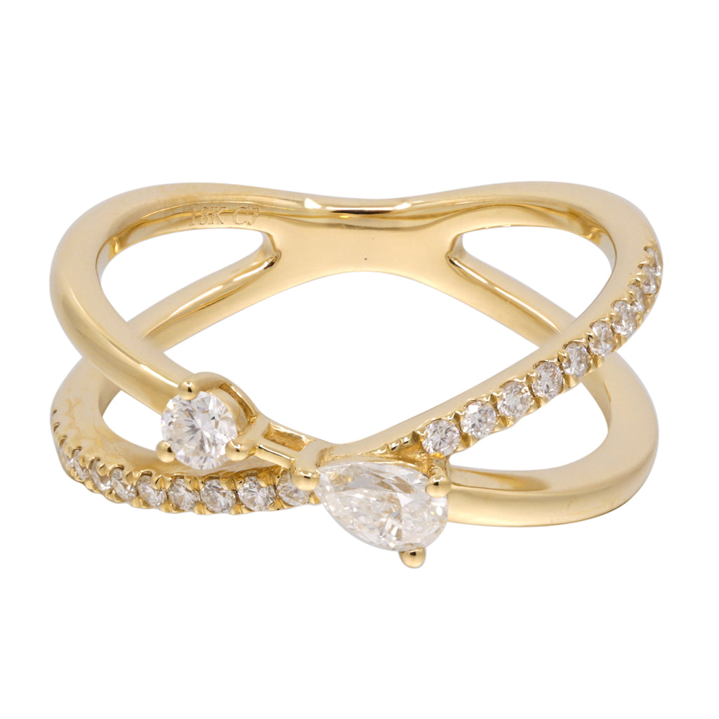 14KT yellow gold criss-cross ring adorned with natural diamonds