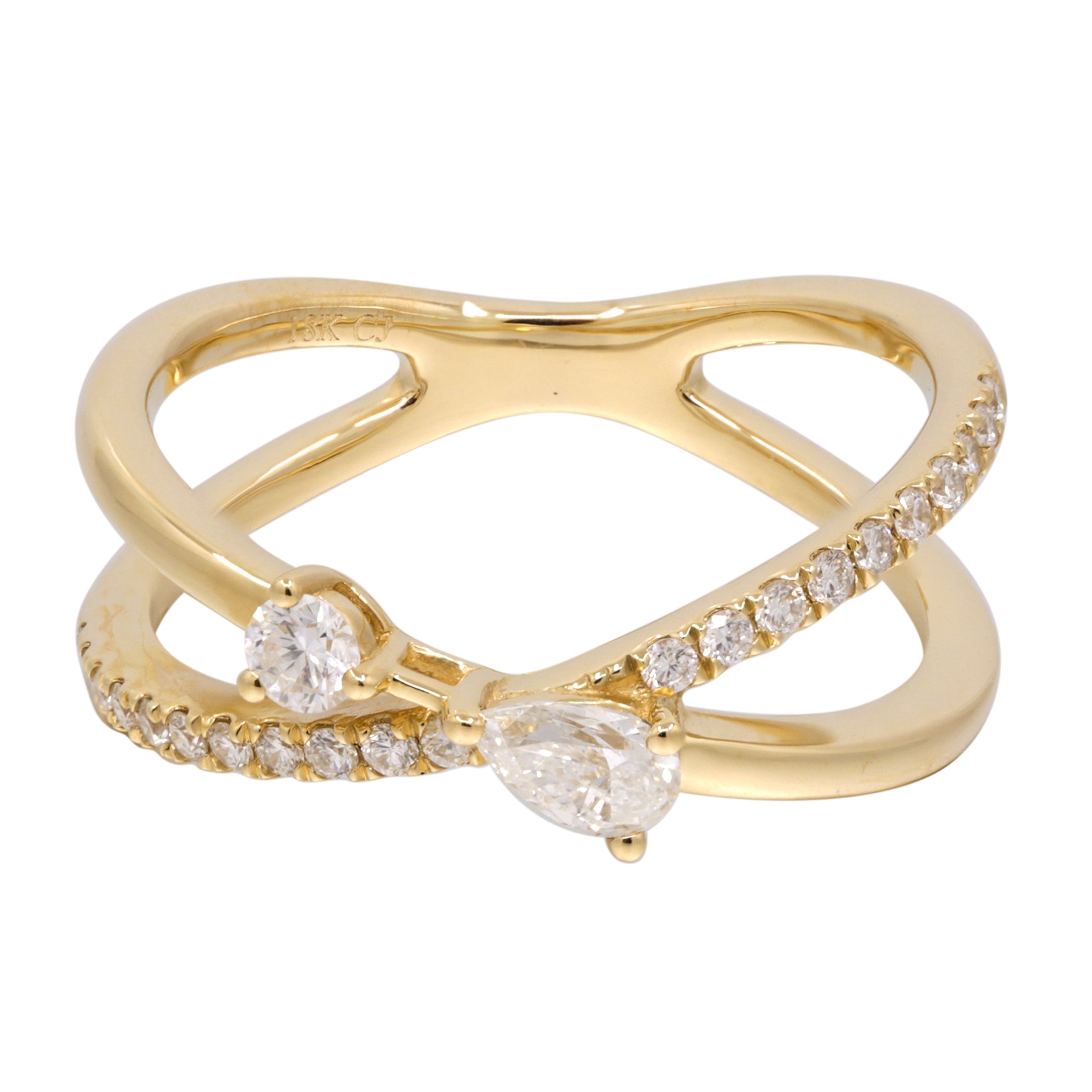 14KT yellow gold criss-cross ring adorned with natural diamonds