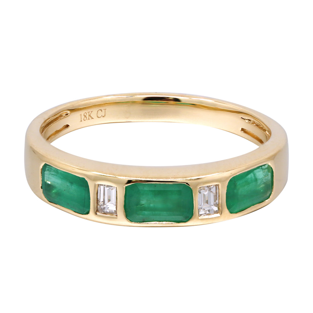14k Yellow Gold Ring with a trio of emeralds divided by emerald cut diamonds