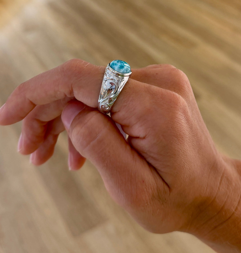 Larimar East-West Engraved Ring