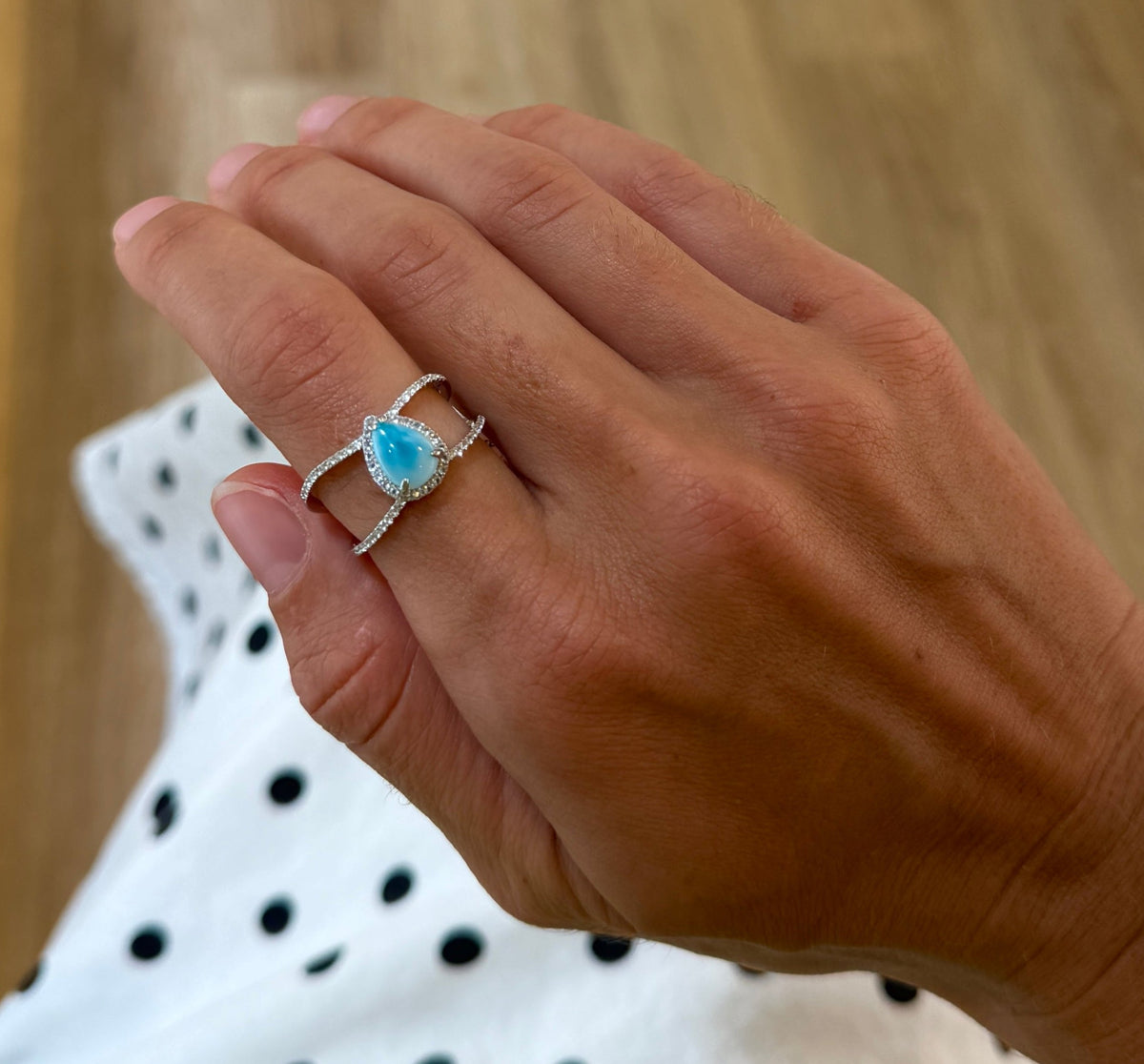 Larimar Pear and Topaz Split Shank Ring