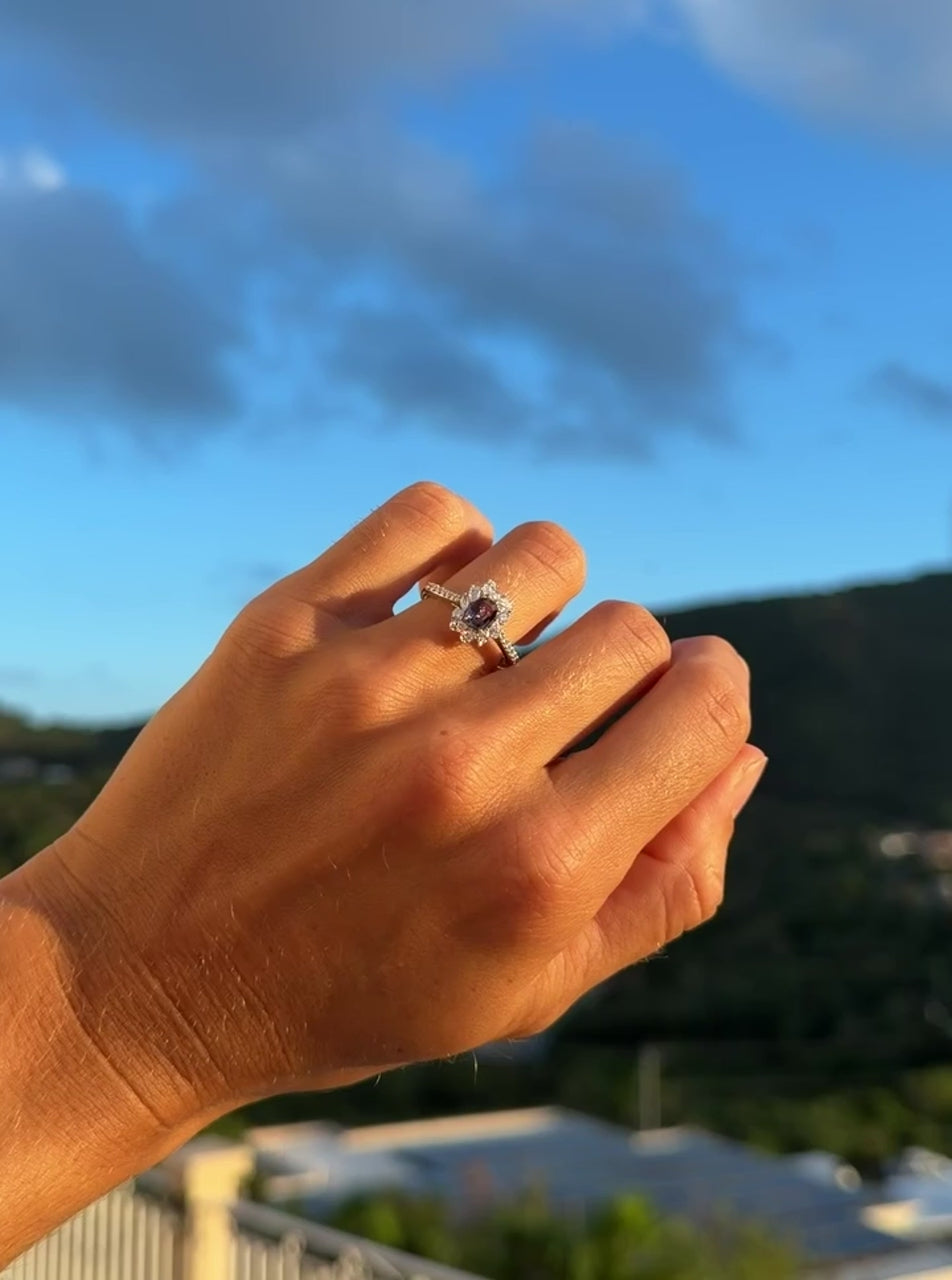 Alexandrite Ring with Pear Cut Diamond Halo