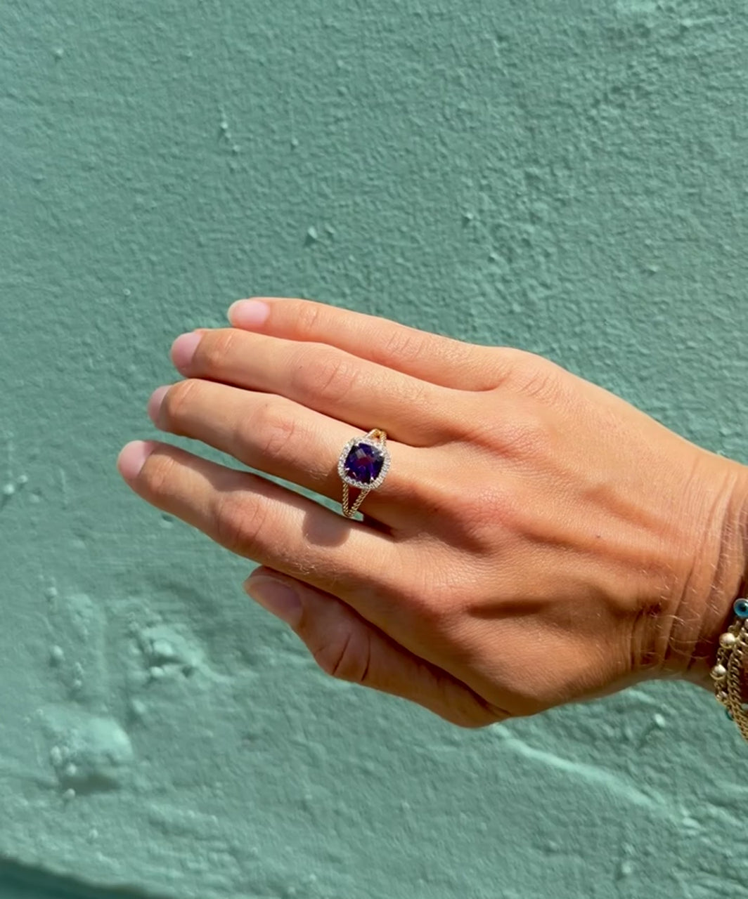 Cushion Cut Amethyst Ring with Halo