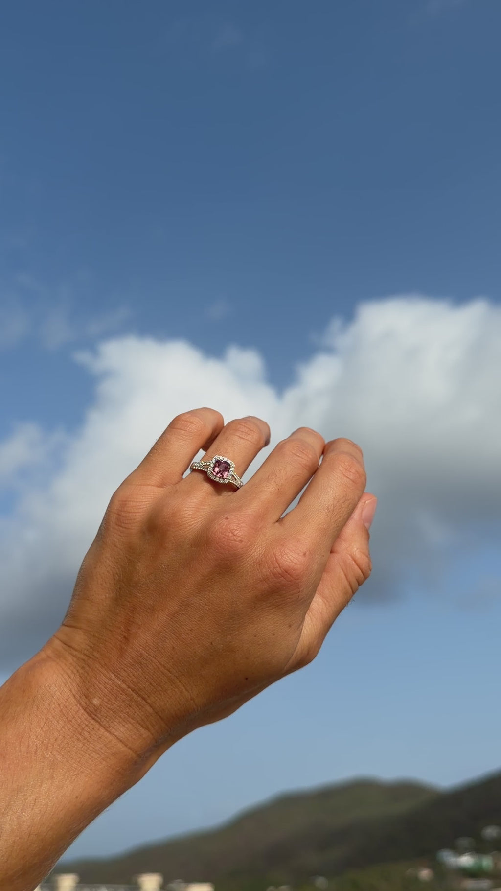 Padparadscha Sapphire Ring with Split Shank and Diamond Halo - GRS Certified Natural