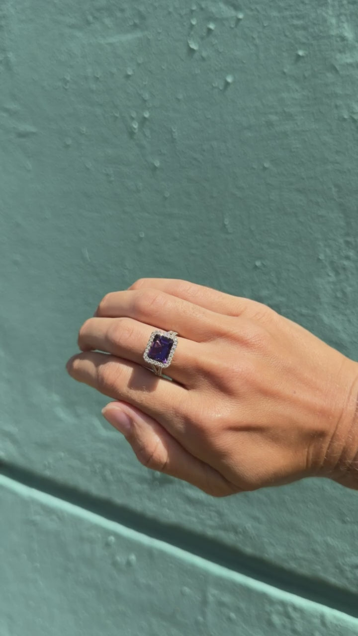 Emerald cut Amethyst Split Shank Ring with Halo