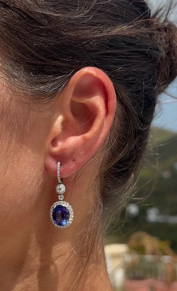 Tanzanite Oval Drop Earrings with Diamond Halo