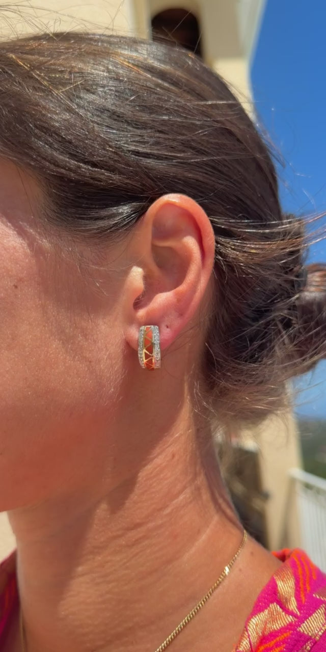 Vintage Coral and Diamond Hoop Earrings