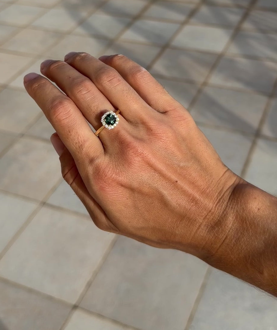 Green Sapphire and Diamond Ring GIA Certified Natural Unheated Sapphire