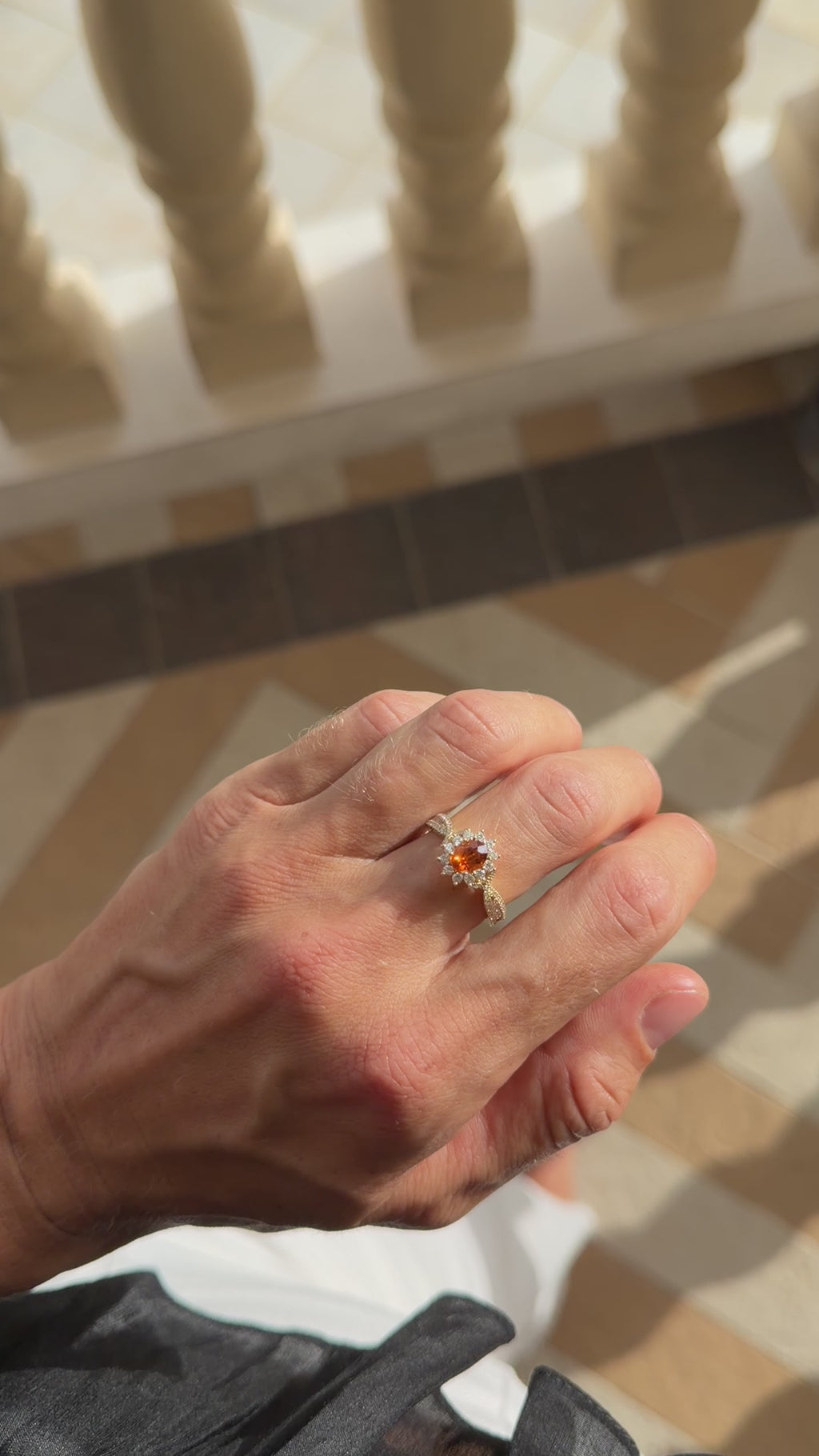 Orange Sapphire and Diamond Sunburst Ring - GIA Certified Natural
